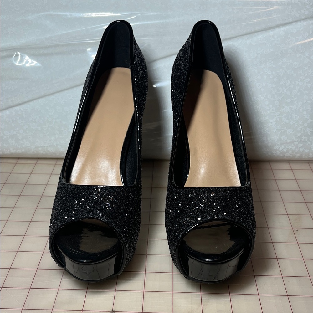 Elegant Black Glitter Peep-Toe Heels